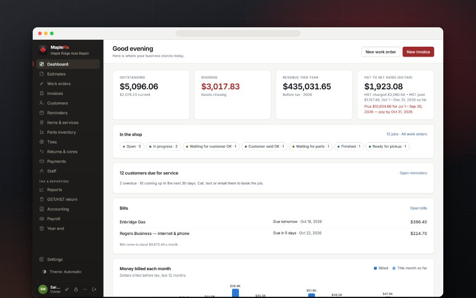 The MapleFix dashboard in a web browser: today's jobs, money coming in and invoices still owed