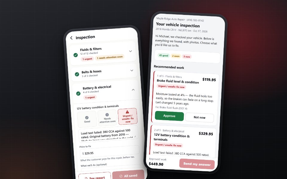 Two phones: a mechanic's digital inspection in the MapleFix app, and the report a customer opens to approve repairs