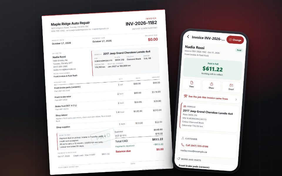 A printed MapleFix invoice with HST, beside the same invoice in the phone app