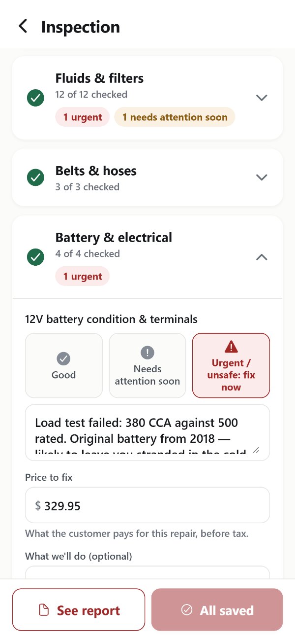 A digital inspection in the MapleFix phone app, with points rated Good, Soon and Now