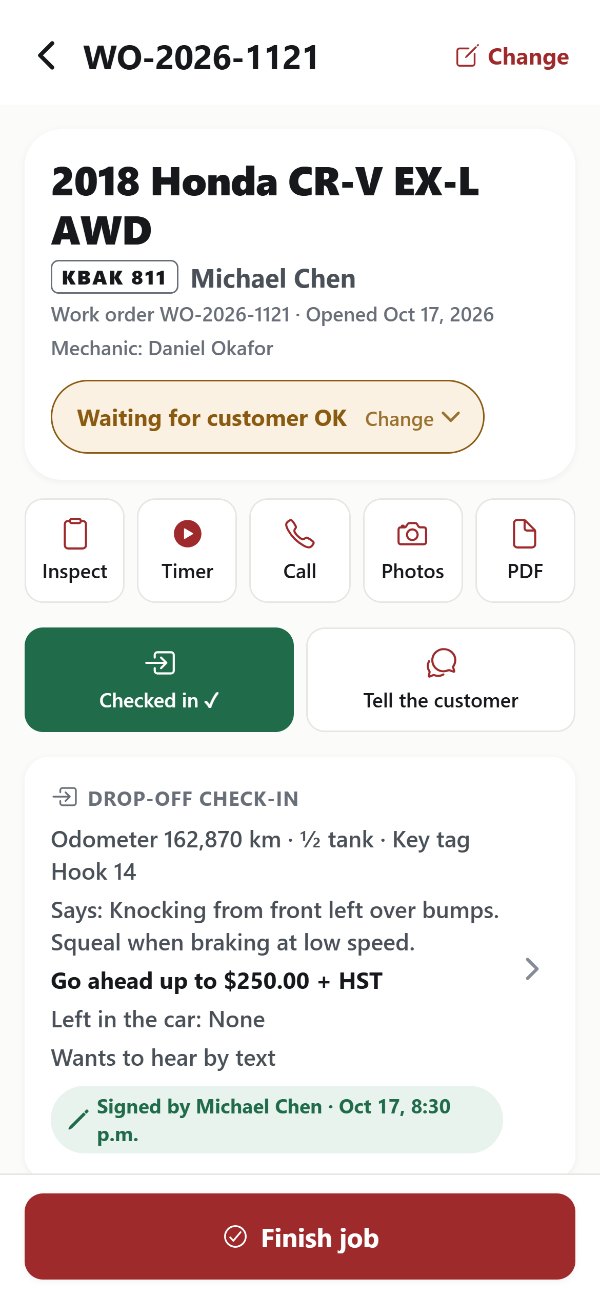 One job in the MapleFix phone app, with the car, the work and its status