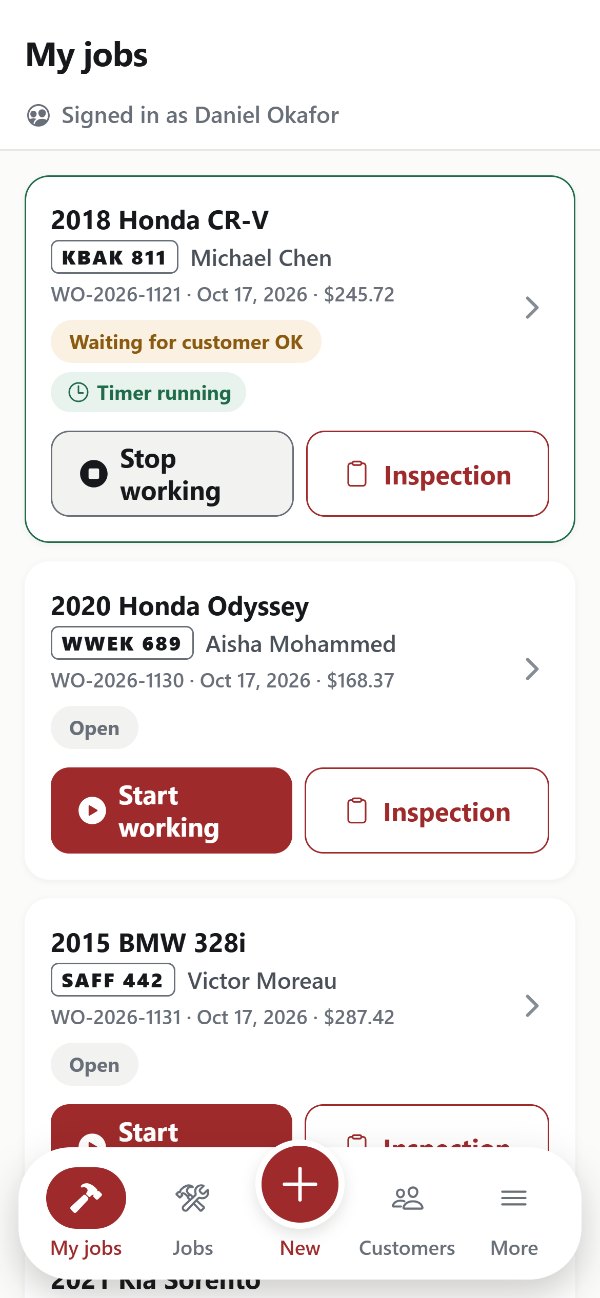 A mechanic's My jobs screen in the MapleFix Android app, with a clock on each job